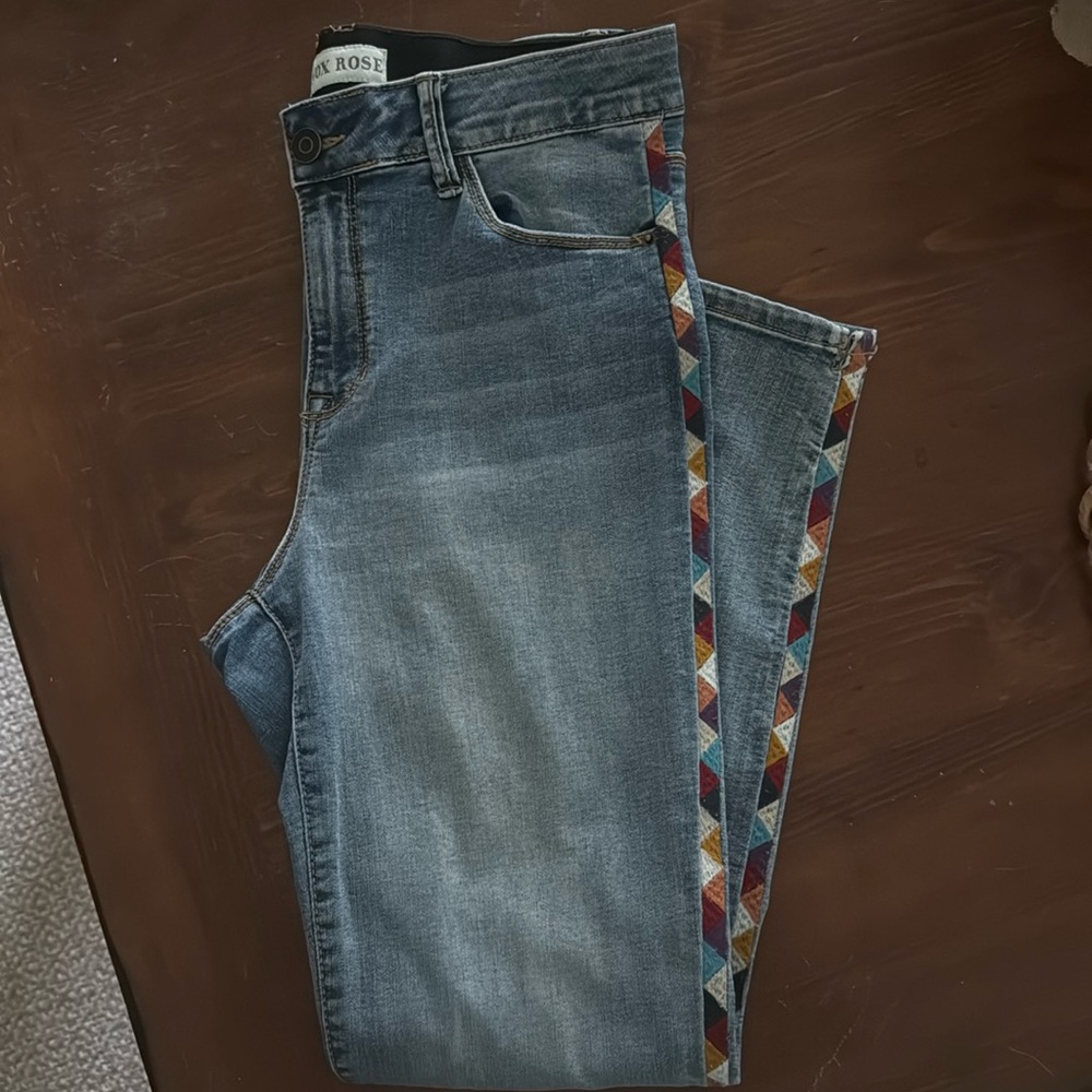 Knox Rose jeans with embroidery down the sides of each leg